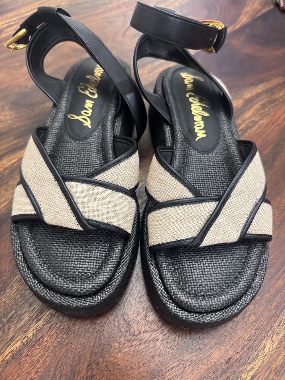 Sam Edelman Black and Beige Crisscross Ankle-Strap Sandals